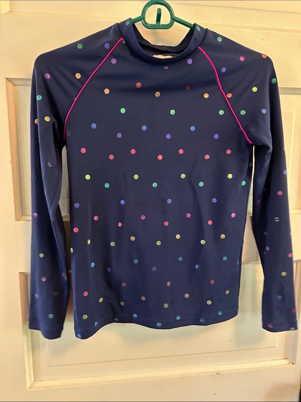 Boden Girls' Navy Long-Sleeve Rash Guard with Multi-Color Dots Sz 11/12